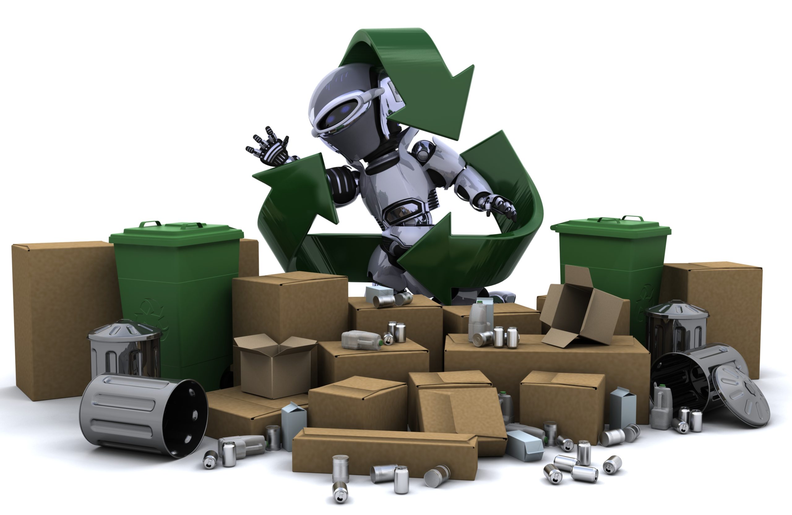 3D render of a robot with trash